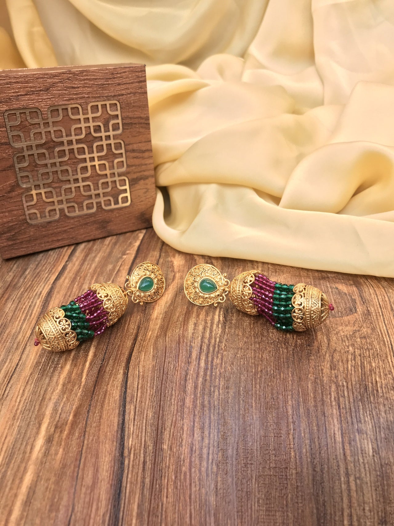 Gold-Plated Green & Maroon Handcrafted Kundan Earring