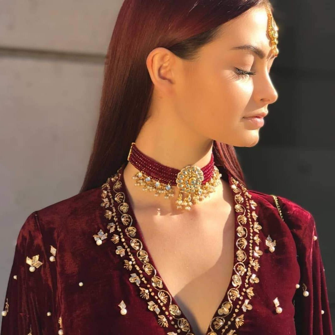 Maroon Golden Kundan Inspired Onyx Beaded Choker Necklace - Abdesignsjewellery