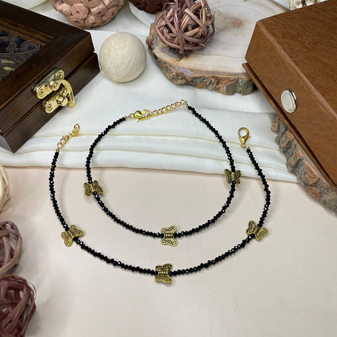 Butterfly Black Crystal Bead Anklet - Abdesignsjewellery
