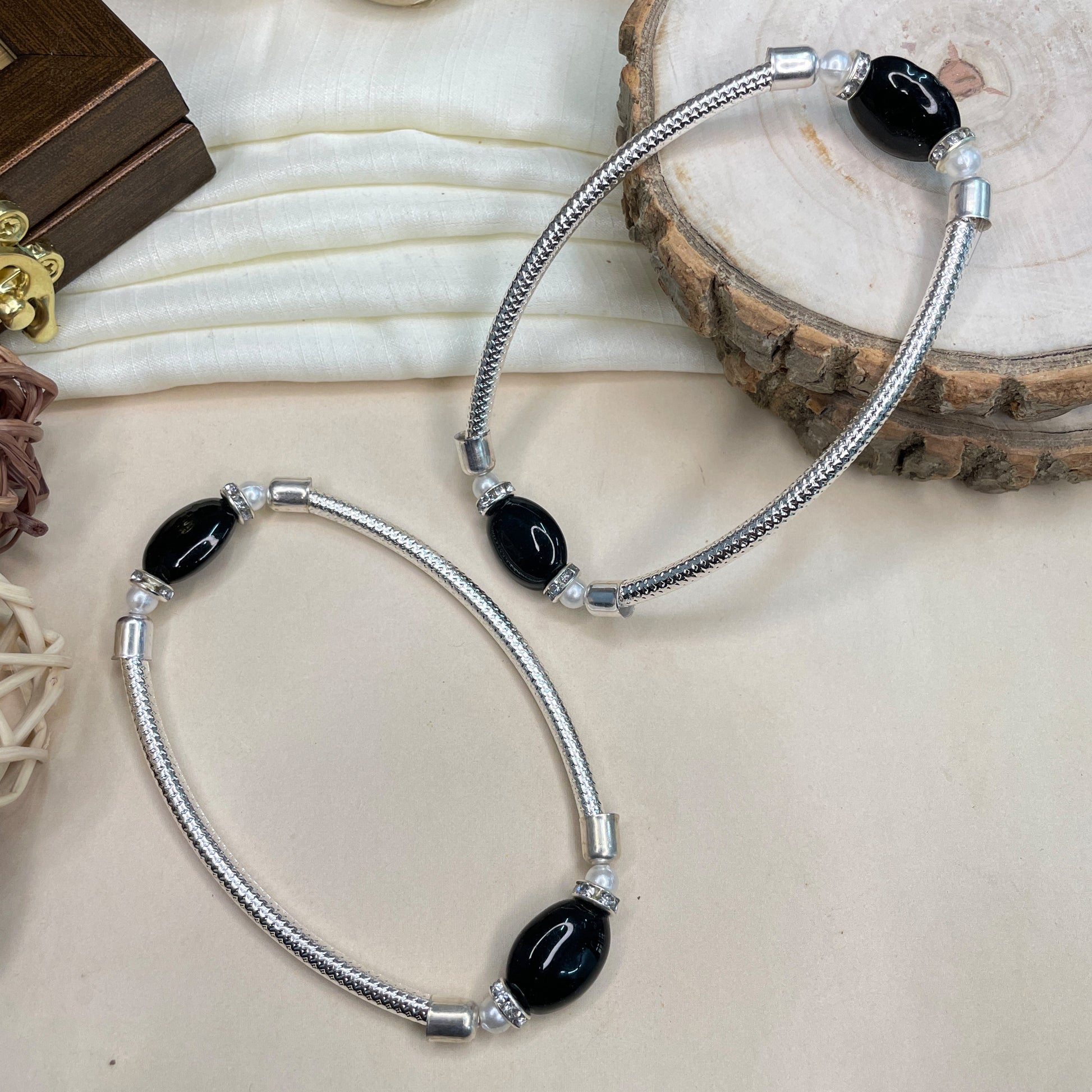 Fancy Black Bead Silver Anklet - Abdesignsjewellery