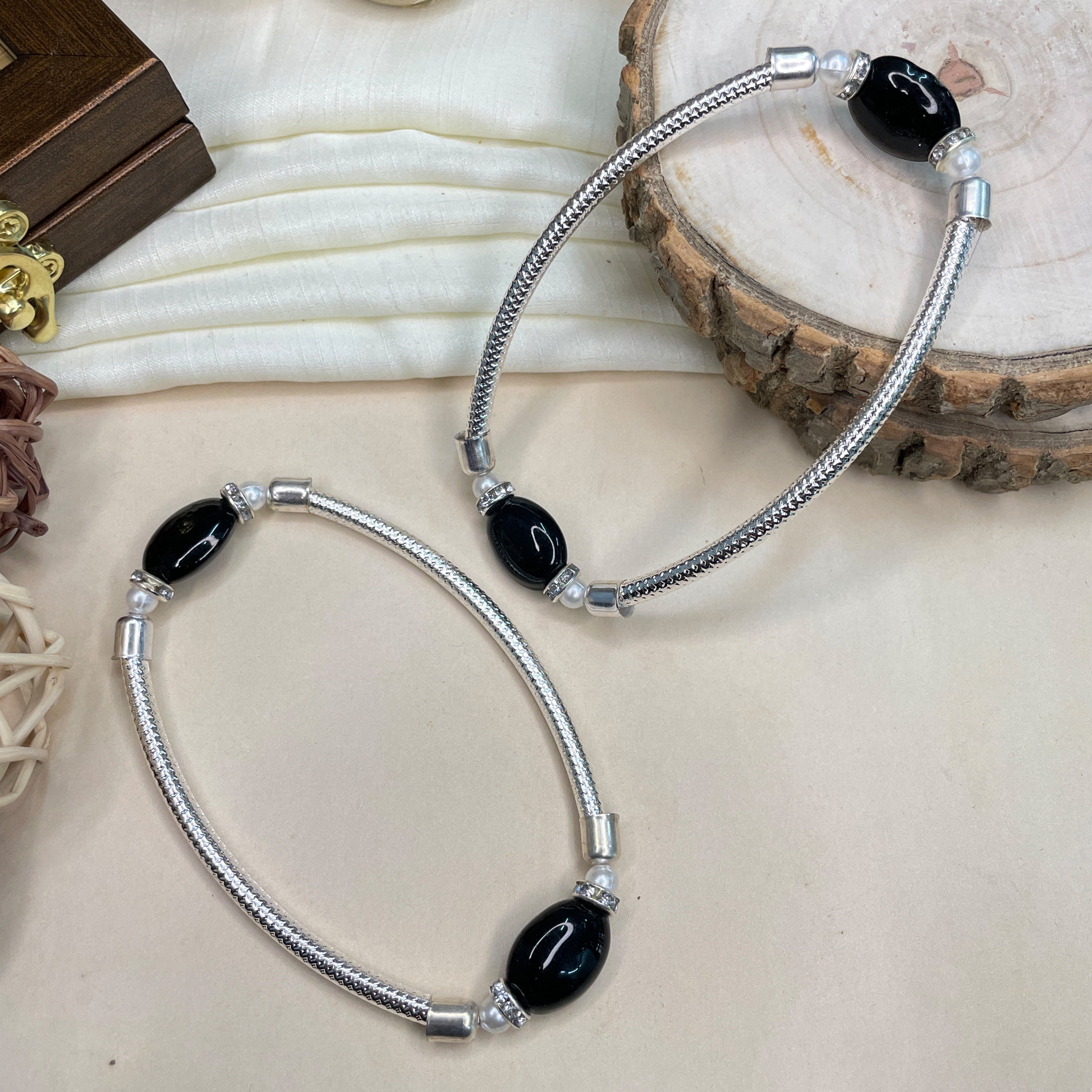 Fancy Black Bead Silver Anklet - Abdesignsjewellery