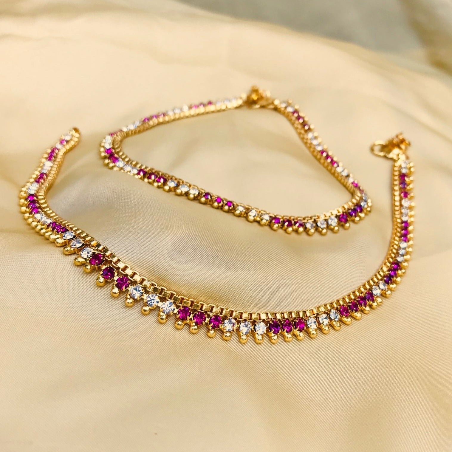 GOLD PLATED PINK COLOUR DIAMOND ANKLET - Abdesignsjewellery