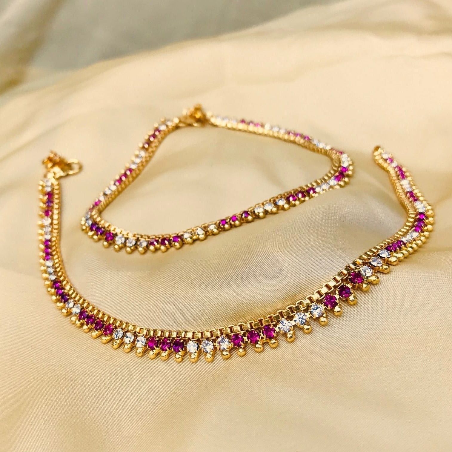 GOLD PLATED PINK COLOUR DIAMOND ANKLET - Abdesignsjewellery