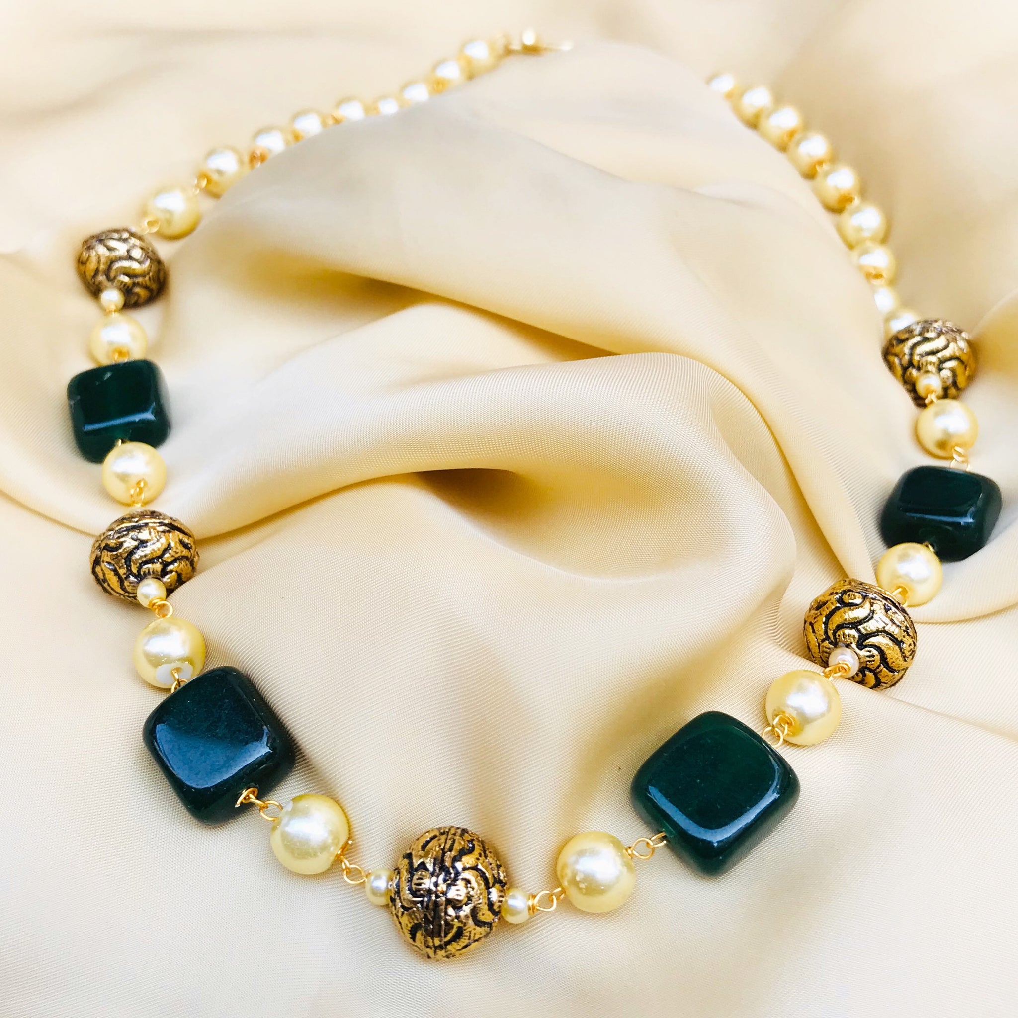 Green Natural stones and Pearl Mala - Abdesignsjewellery