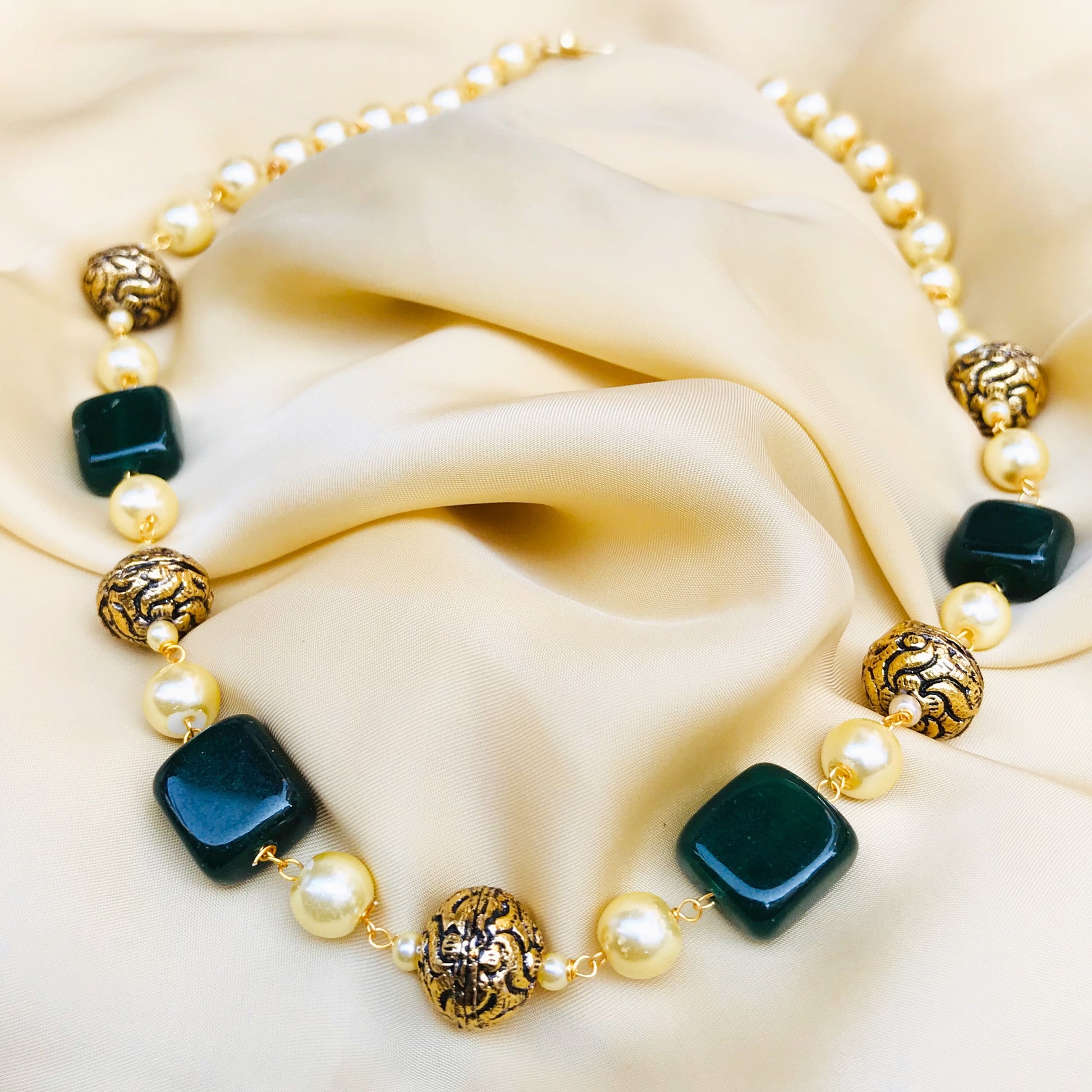 Green Natural stones and Pearl Mala - Abdesignsjewellery