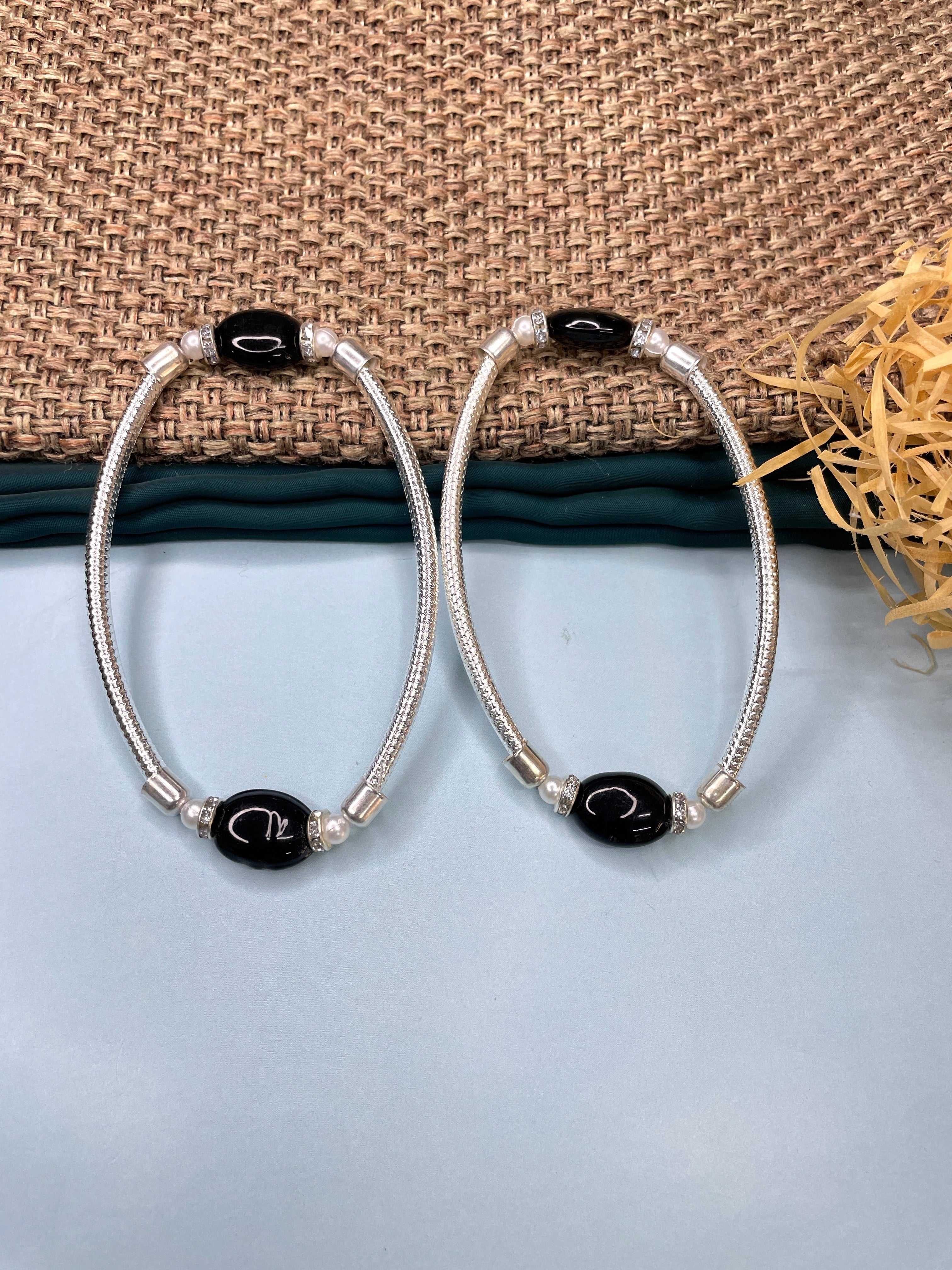 Fancy Black Bead Silver Anklet - Abdesignsjewellery