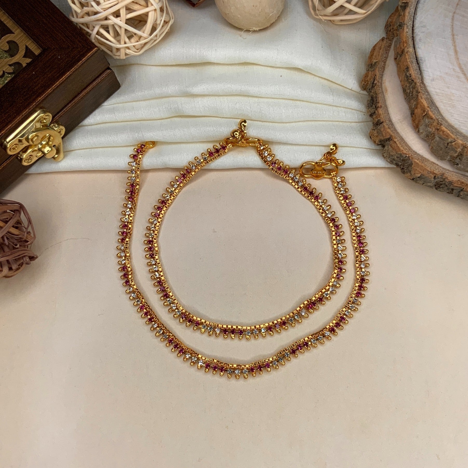 GOLD PLATED PINK COLOUR DIAMOND ANKLET - Abdesignsjewellery