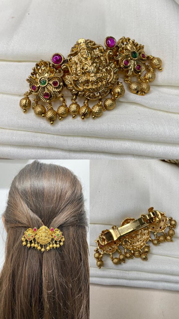 Antique Gold Goddess Laxmi Kemp Stone Hair Clip - Abdesignsjewellery