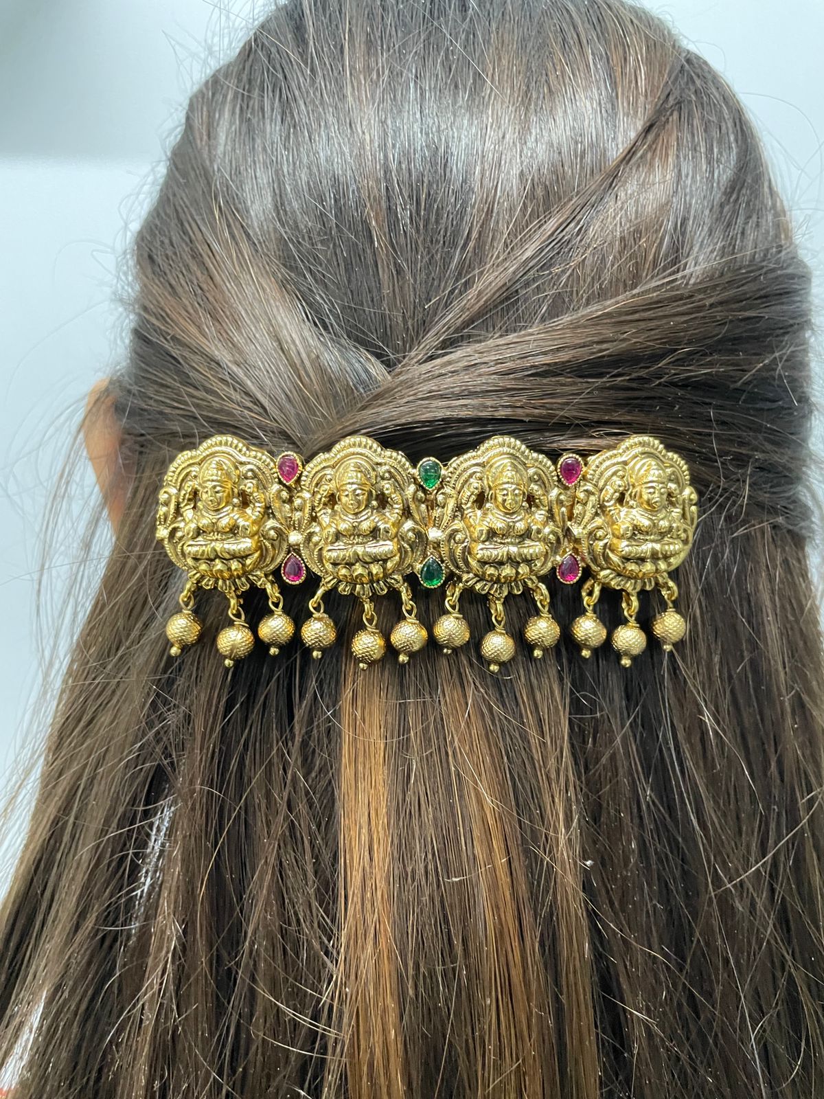 Antique Temple Goddess Laxmi Kemp Stone Hair Clip - Abdesignsjewellery