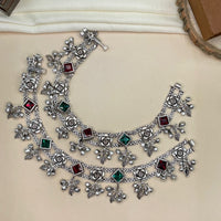 Thumbnail for German Silver Rajwadi Rose Payal With Square Green & Red Stones