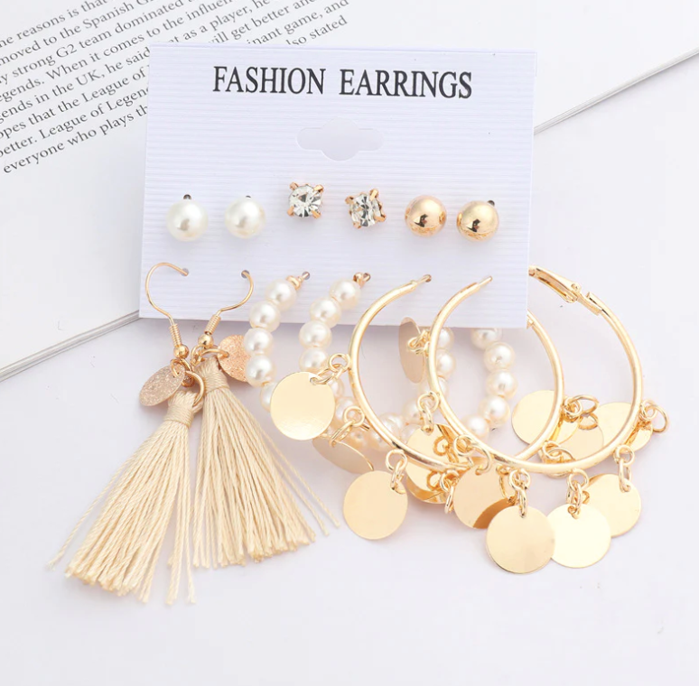 Gold Plated 6 Pair Hoop Drop and Pearl Stud Earrings