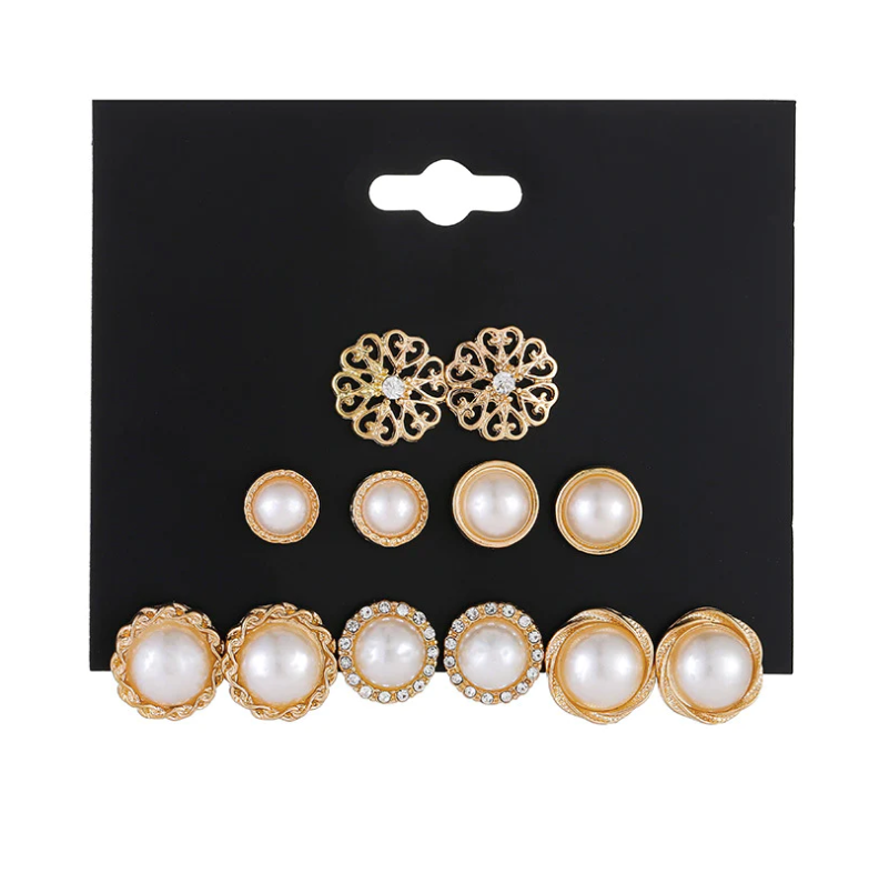 Golden Pearl Stud Earrings 6 Pair Combo