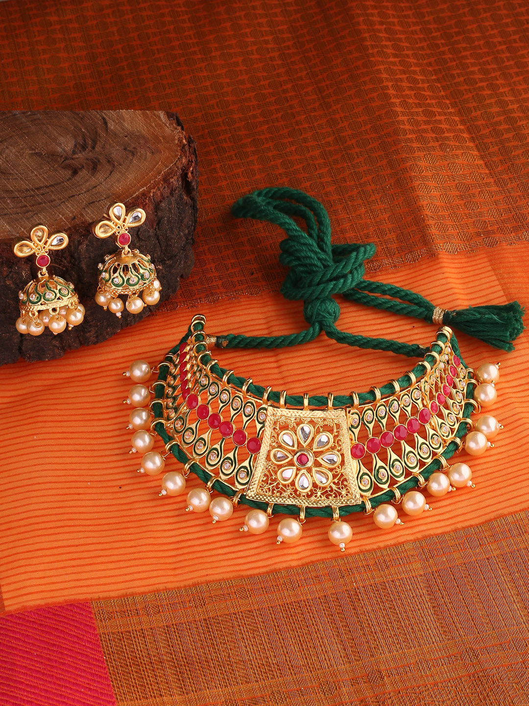 Green Embroidery Thread Kundan & Stone Necklace - Abdesignsjewellery