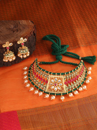 Thumbnail for Green Embroidery Thread Kundan & Stone Necklace - Abdesignsjewellery