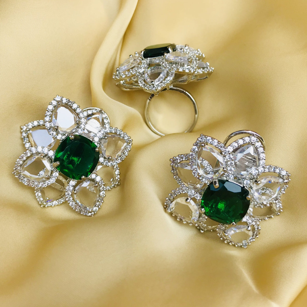 Green Emerald Diamond Ring & Earrings