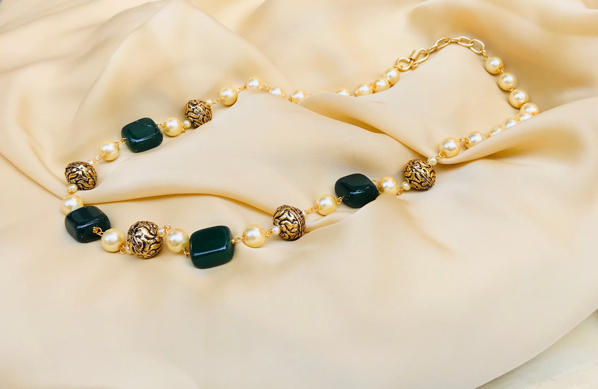 Green Natural stones and Pearl Mala - Abdesignsjewellery