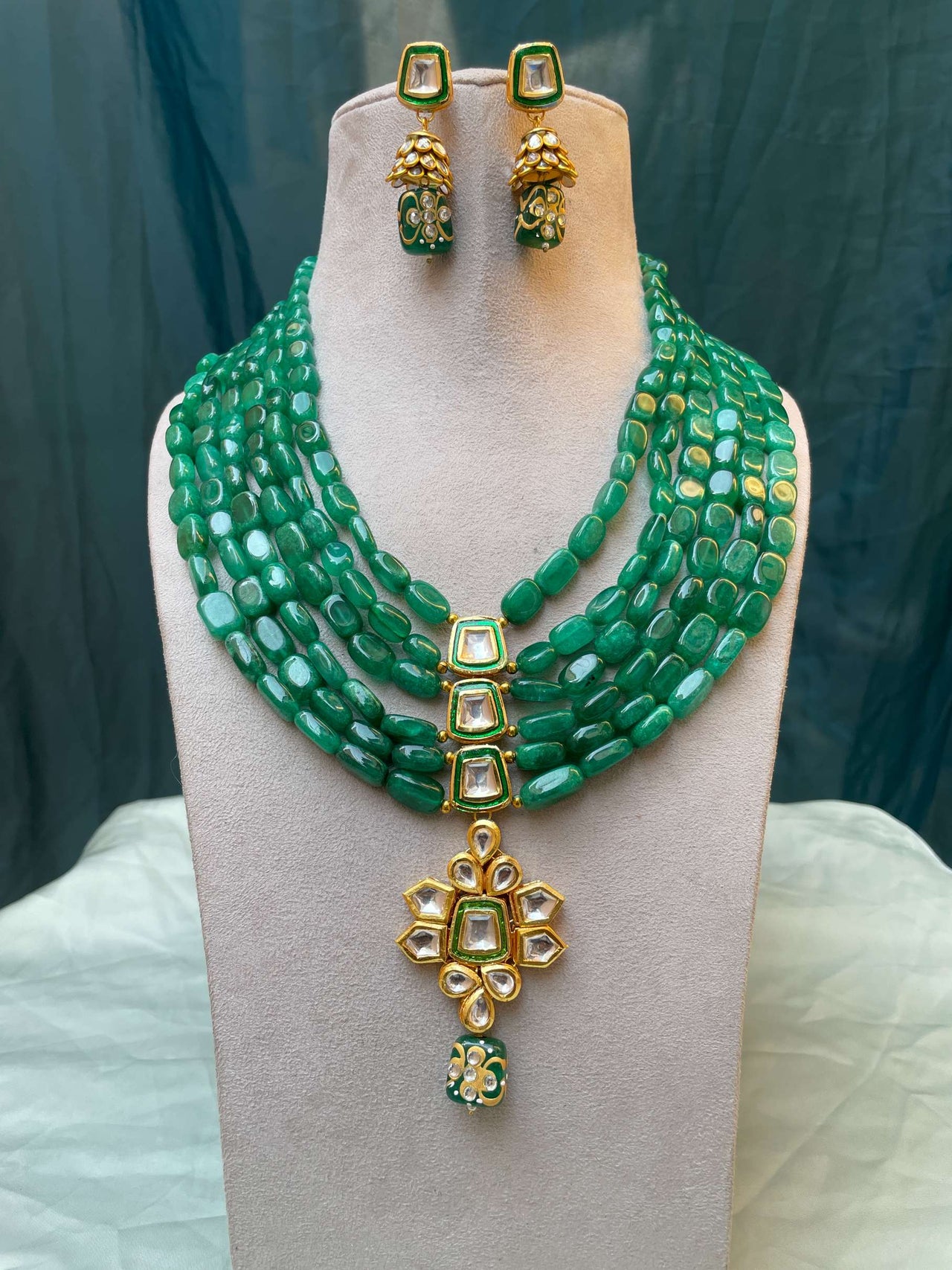 Green Emerald Beaded Necklace & Earring - Abdesignsjewellery