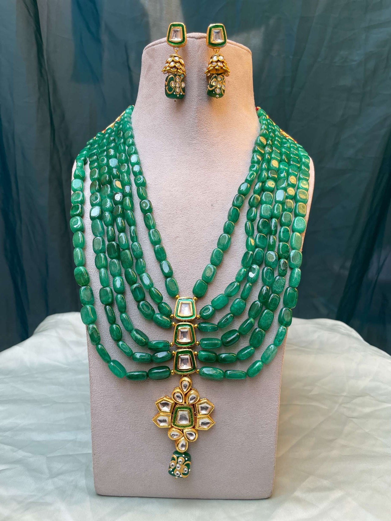 Green Emerald Beaded Necklace & Earring