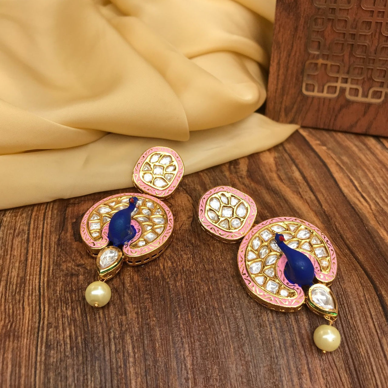 Handpaint Pink & Blue Peacock Kundan Earrings