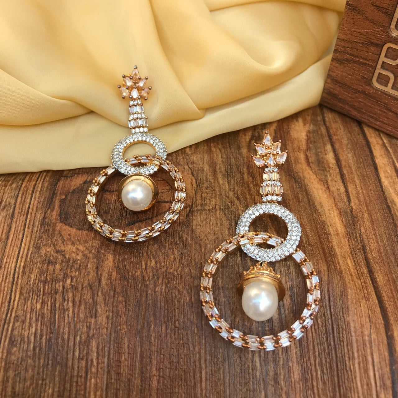 Two Round Pearl American Diamond Earring