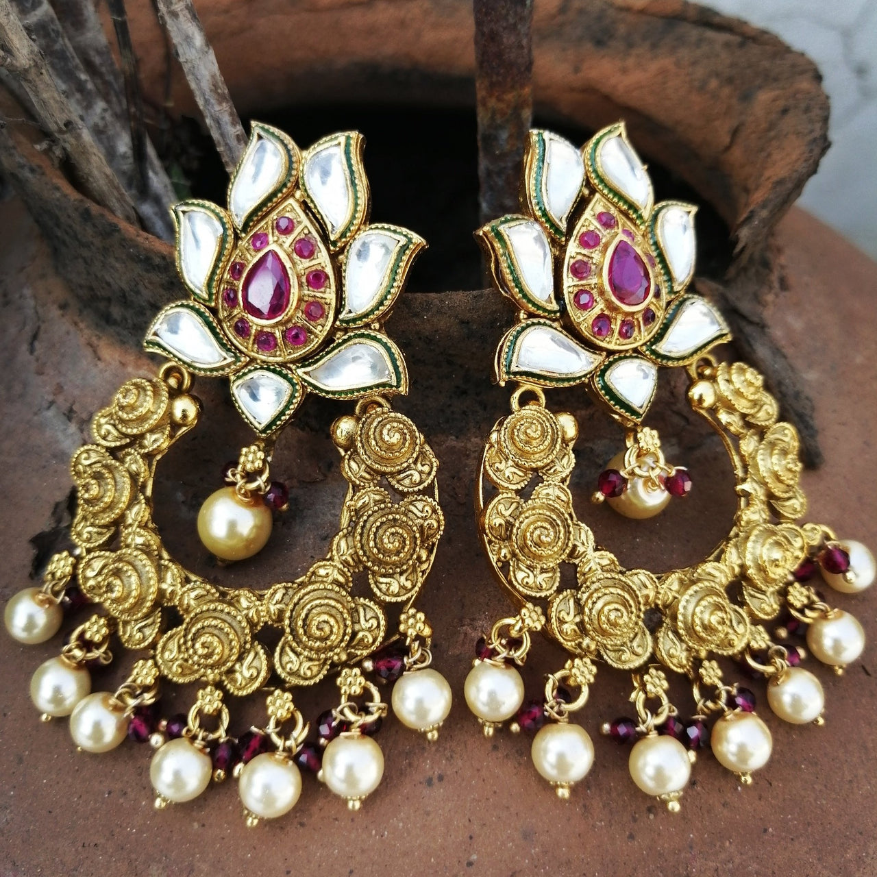 Gold Plated Lotus Design Meenakari Pearl Drop Earring