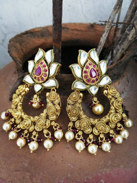 Thumbnail for Gold Plated Lotus Design Meenakari Pearl Drop Earring