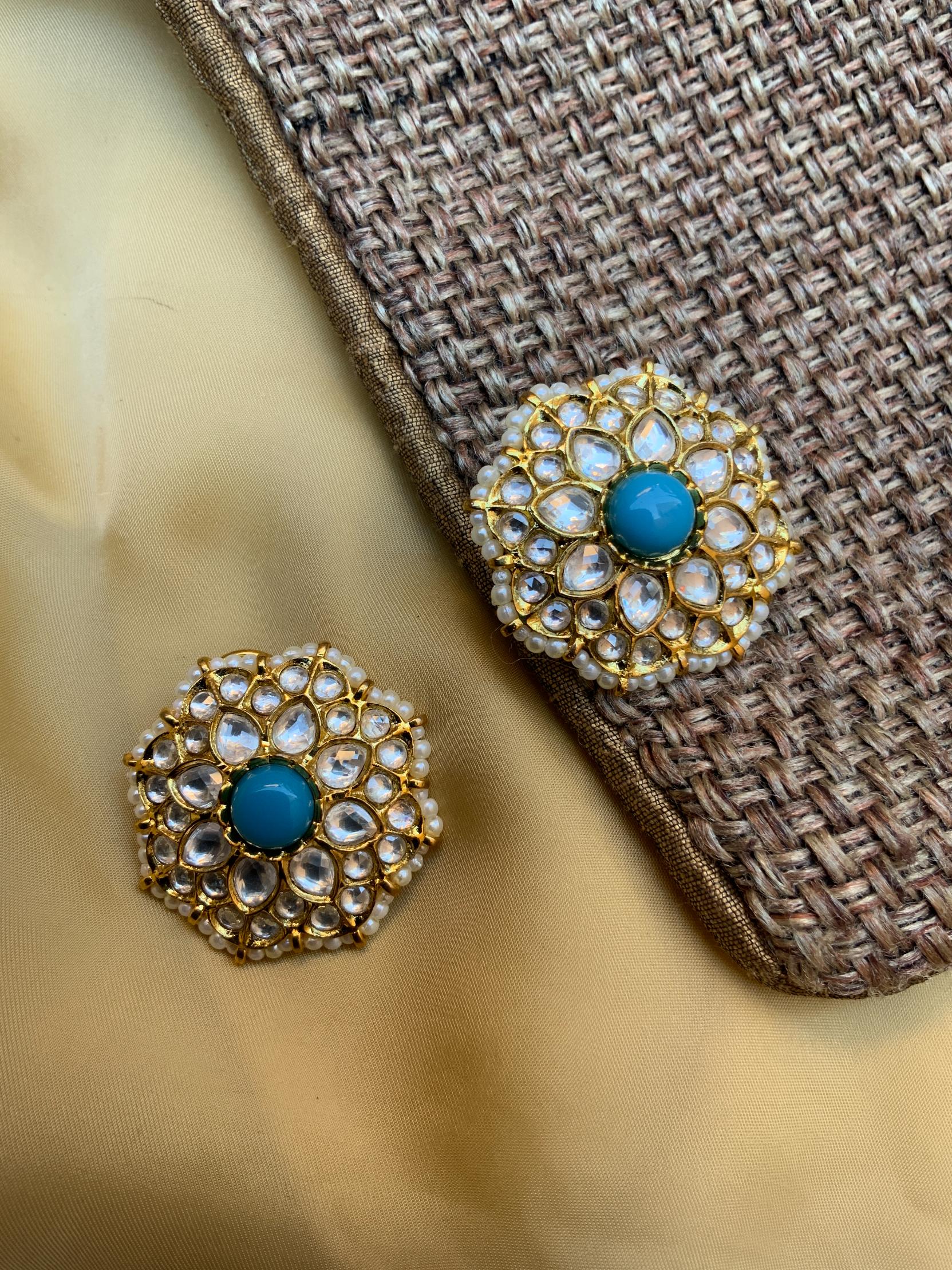 Round Sky Blue Stone Kundan Earring