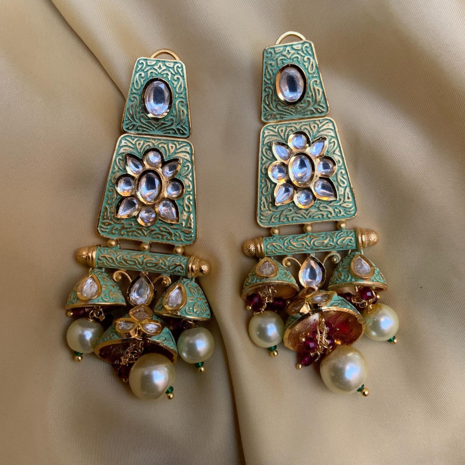 Green Meenakari Kundan Jumkha Earring - Abdesignsjewellery
