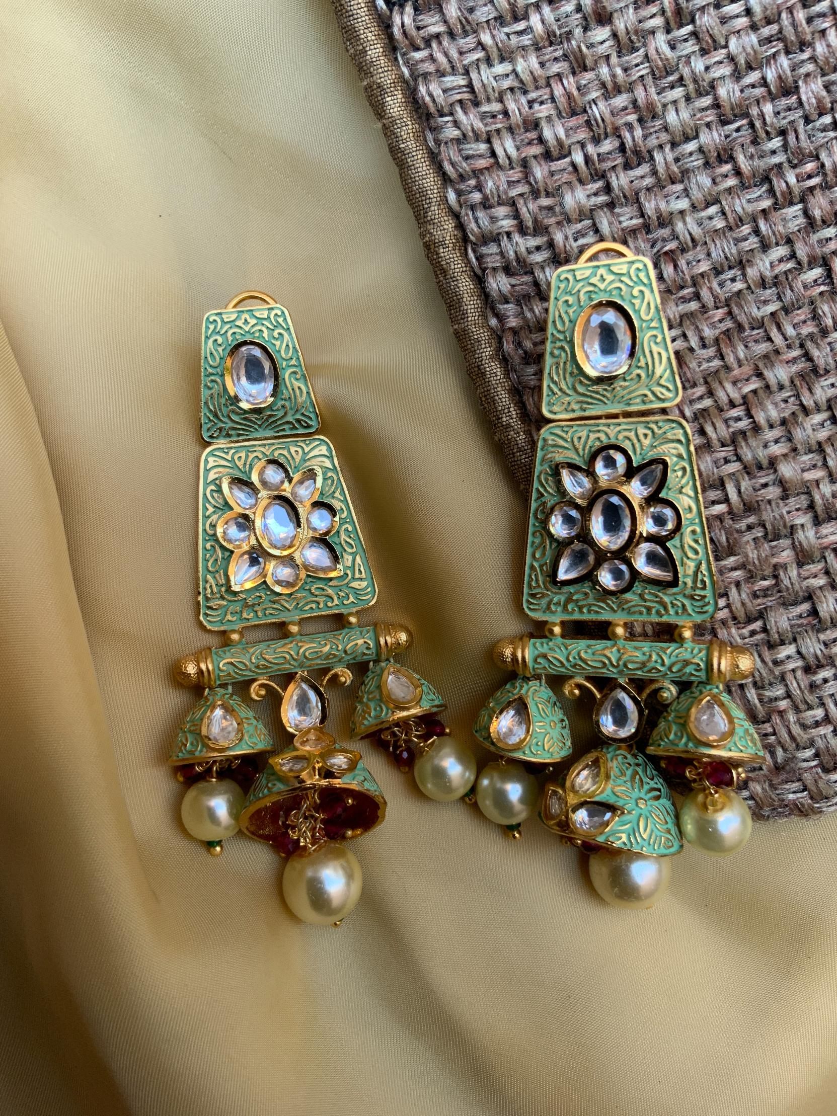 Green Meenakari Kundan Jumkha Earring - Abdesignsjewellery