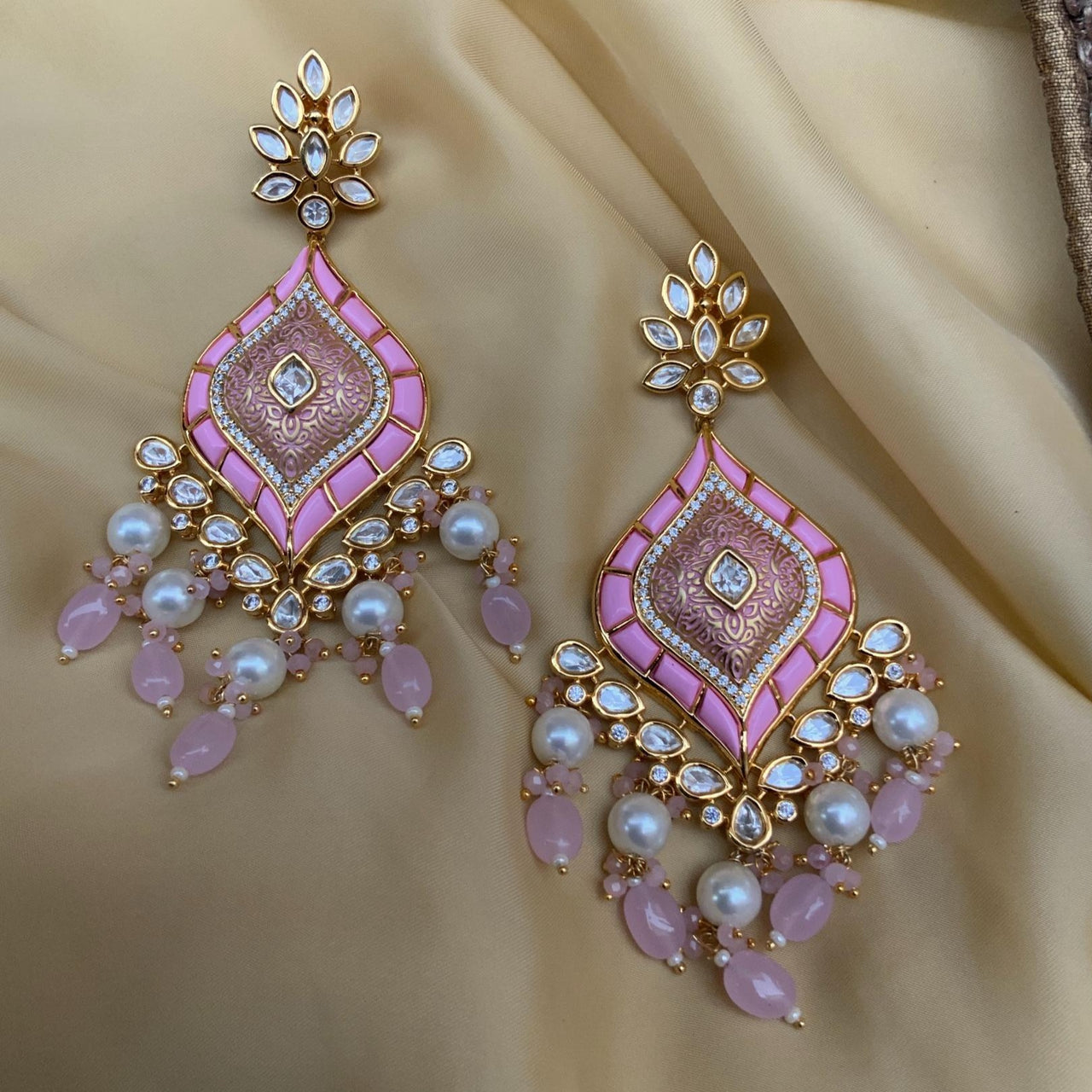 Attractive Pink American Diamond Pearl Drop Jumkas Earring