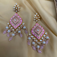Thumbnail for Attractive Pink American Diamond Pearl Drop Jumkas Earring
