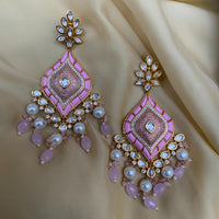 Thumbnail for Attractive Pink American Diamond Pearl Drop Jumkas Earring