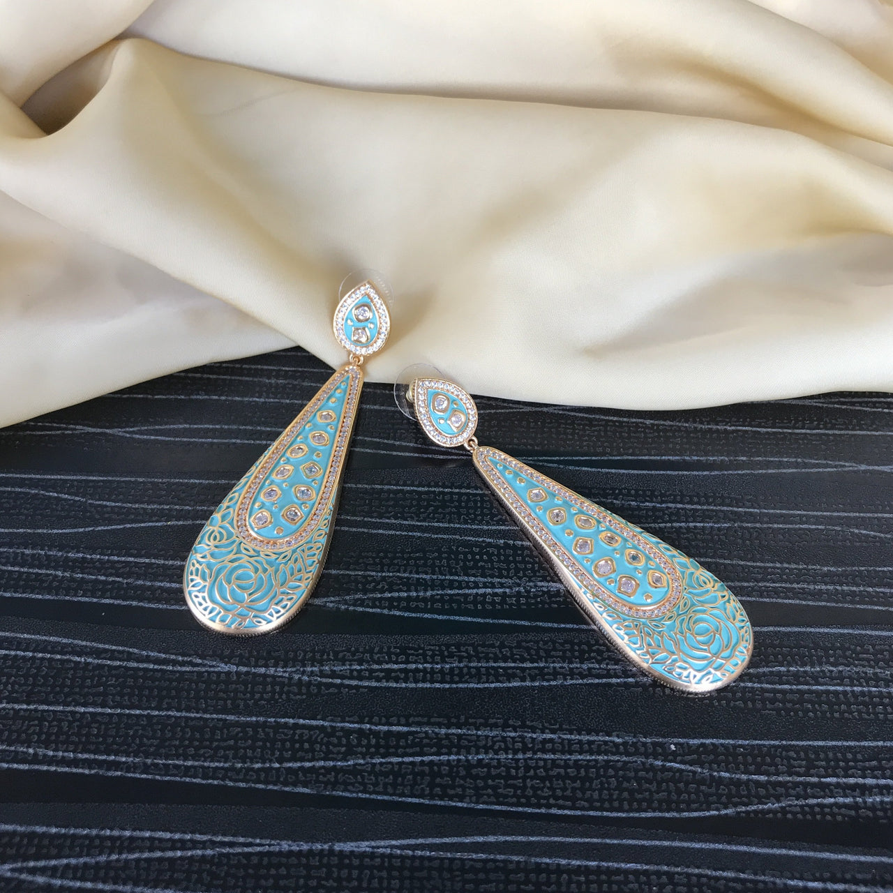 Sky Blue American Diamond Square Leaf Earrings
