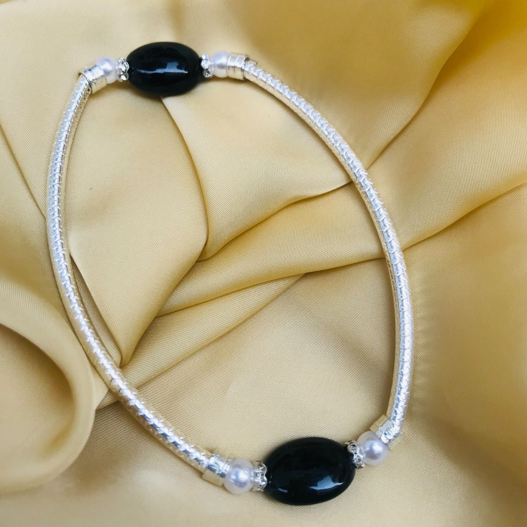 Fancy Black Bead Silver Anklet - Abdesignsjewellery