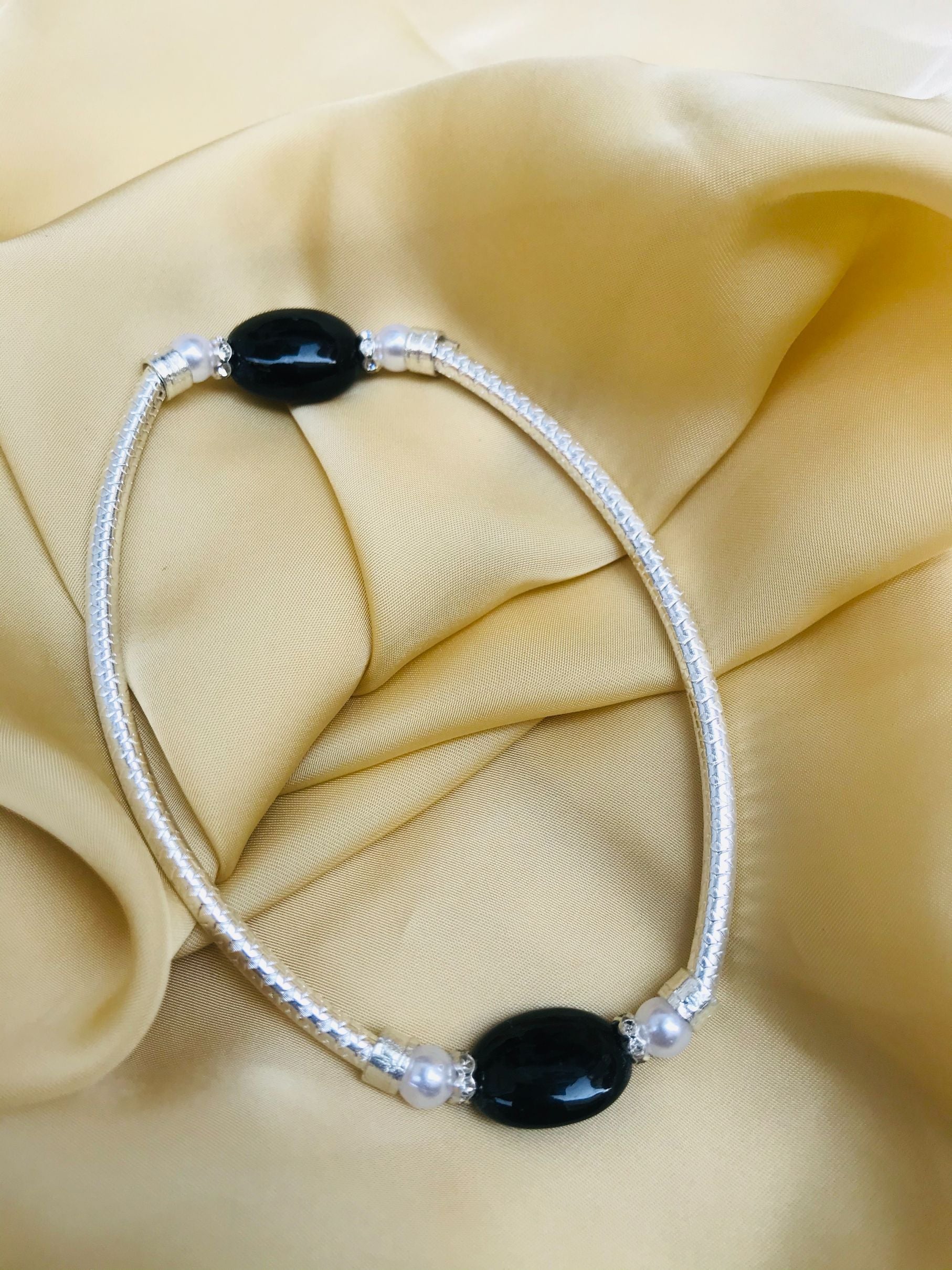 Fancy Black Bead Silver Anklet - Abdesignsjewellery