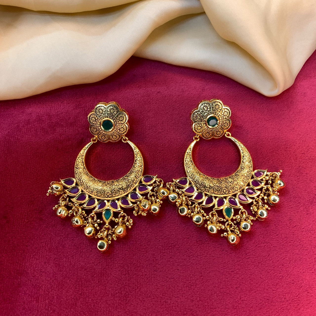 Antique Gold Floral Chandbali Earring