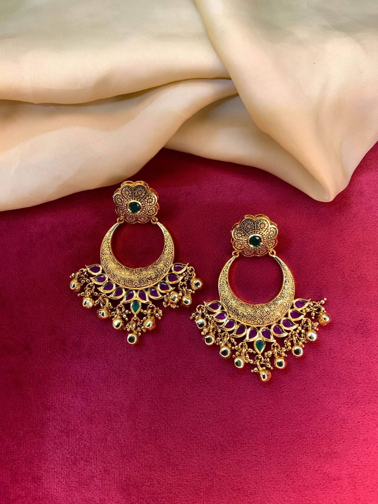 Antique Gold Floral Chandbali Earring