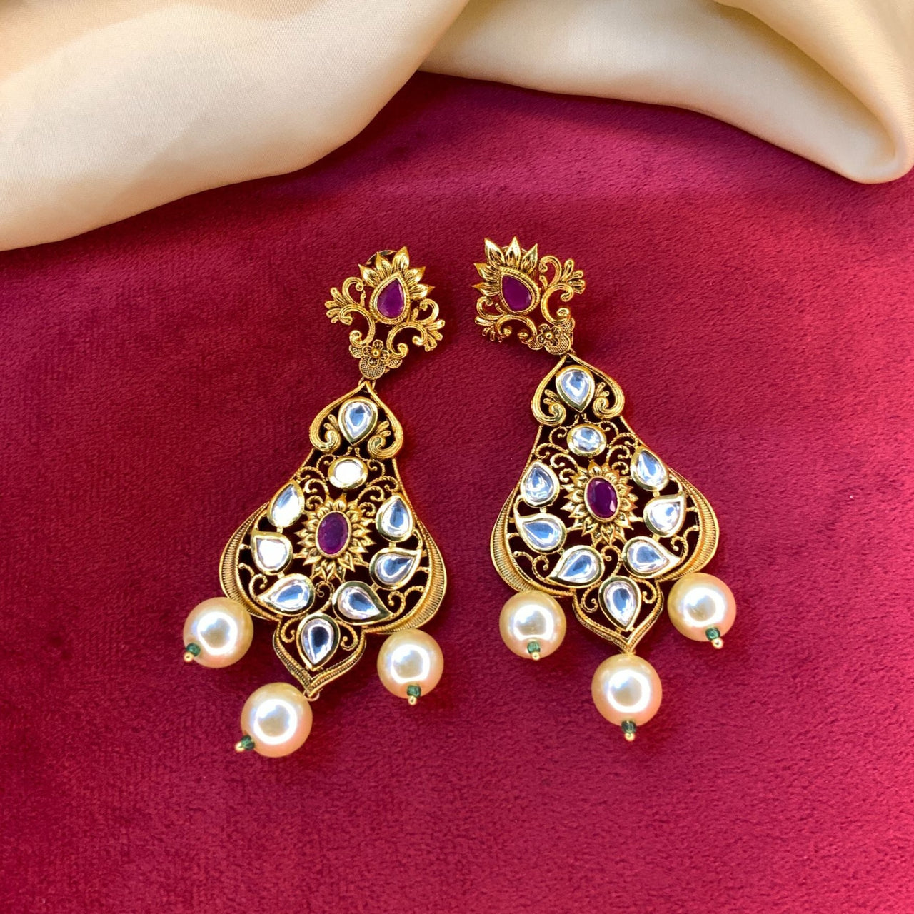 Gold Plated Polki Temple Earrings
