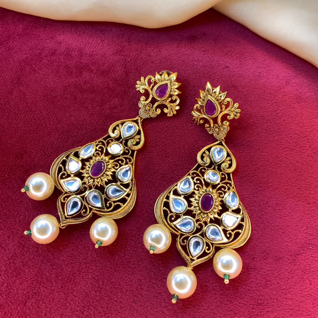 Gold Plated Polki Temple Earrings