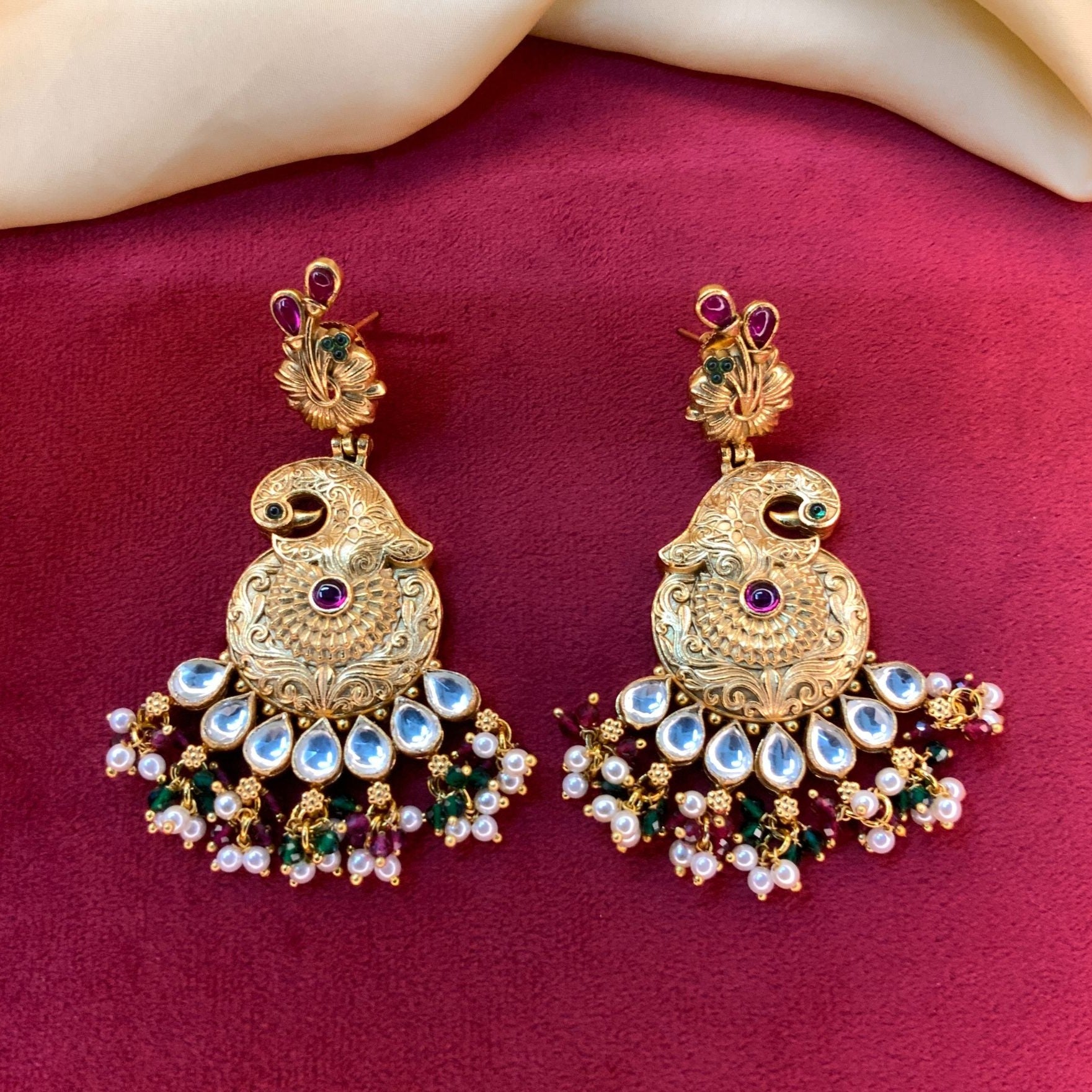 Temple Gold Plated Polki Antique Earring - Abdesignsjewellery