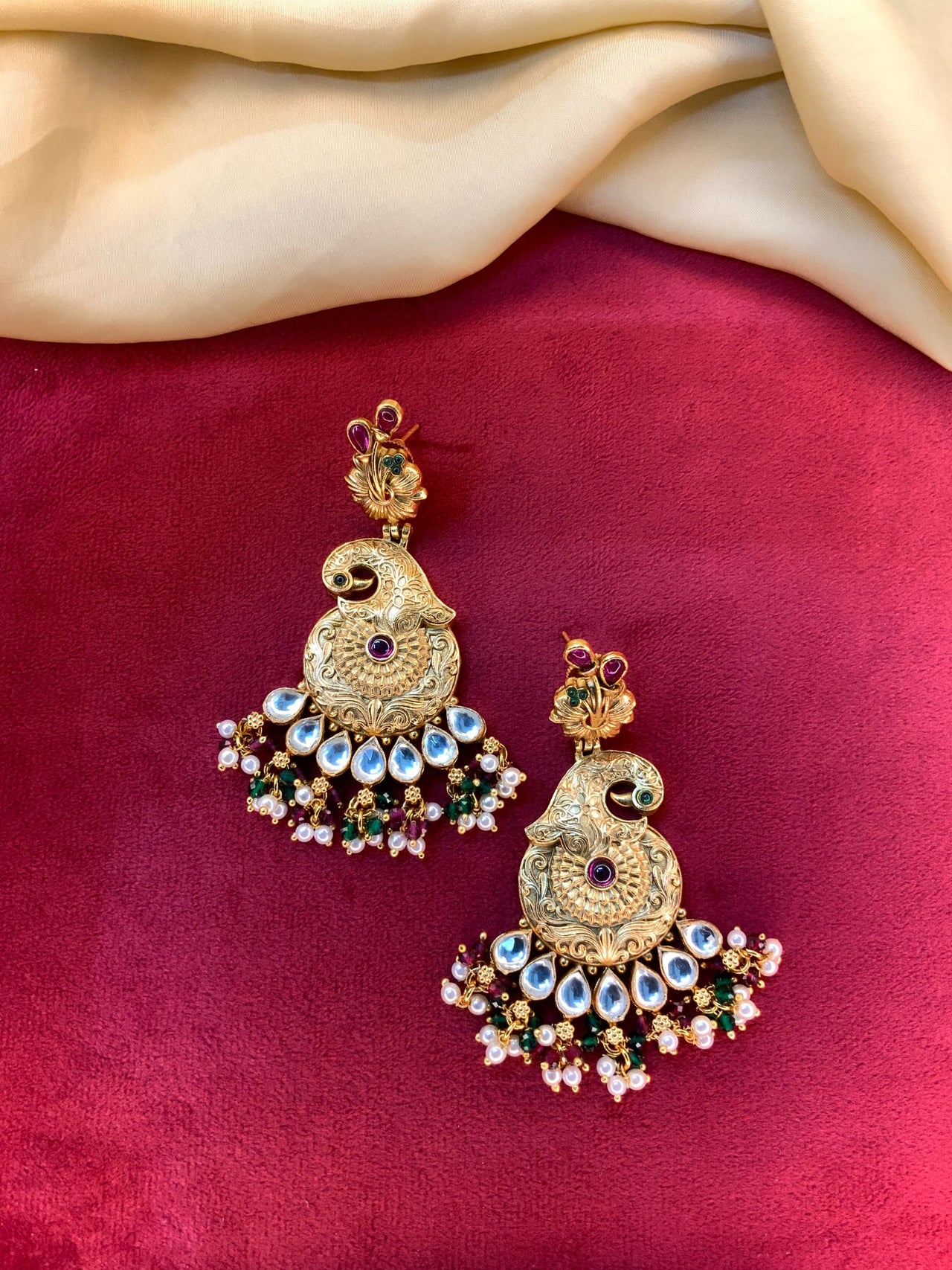 Temple Gold Plated Polki Antique Earring