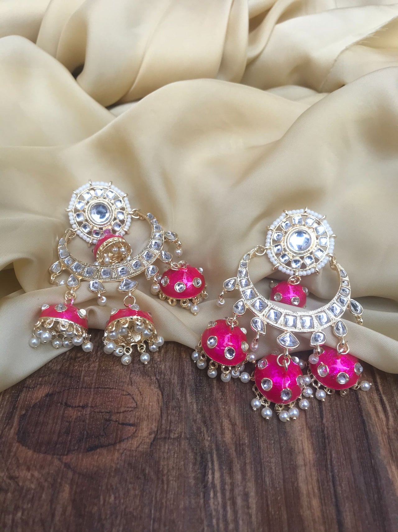 Pink Jumkha Kundan Earrings