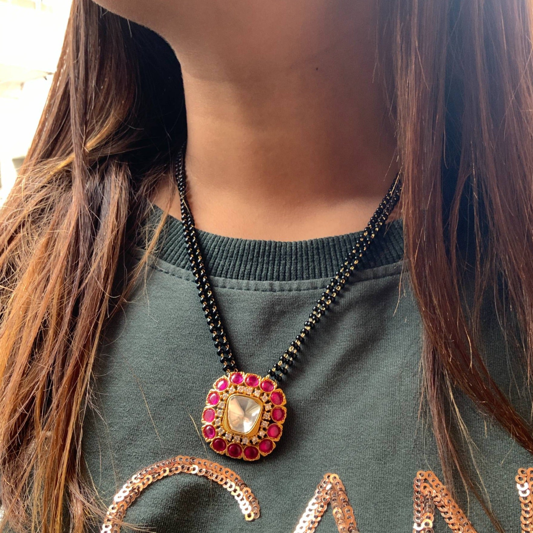 Beautiful Real Kemp Stone Pendant Mangalsutra - Abdesignsjewellery