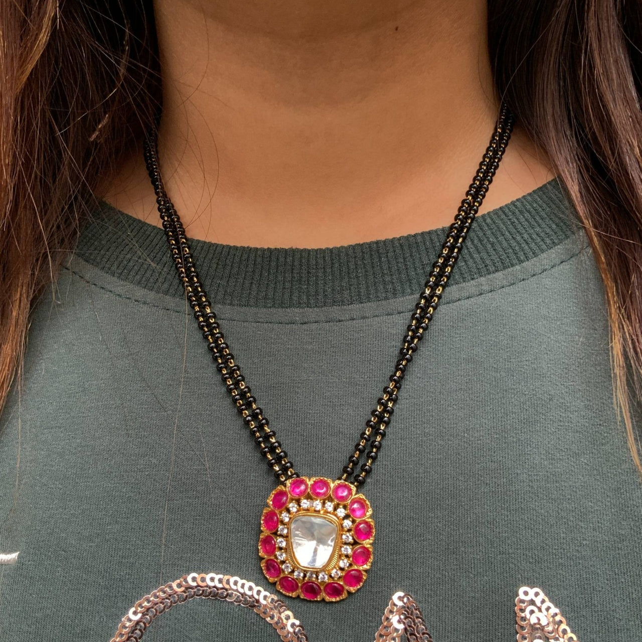 Beautiful Real Kemp Stone Pendant Mangalsutra - Abdesignsjewellery
