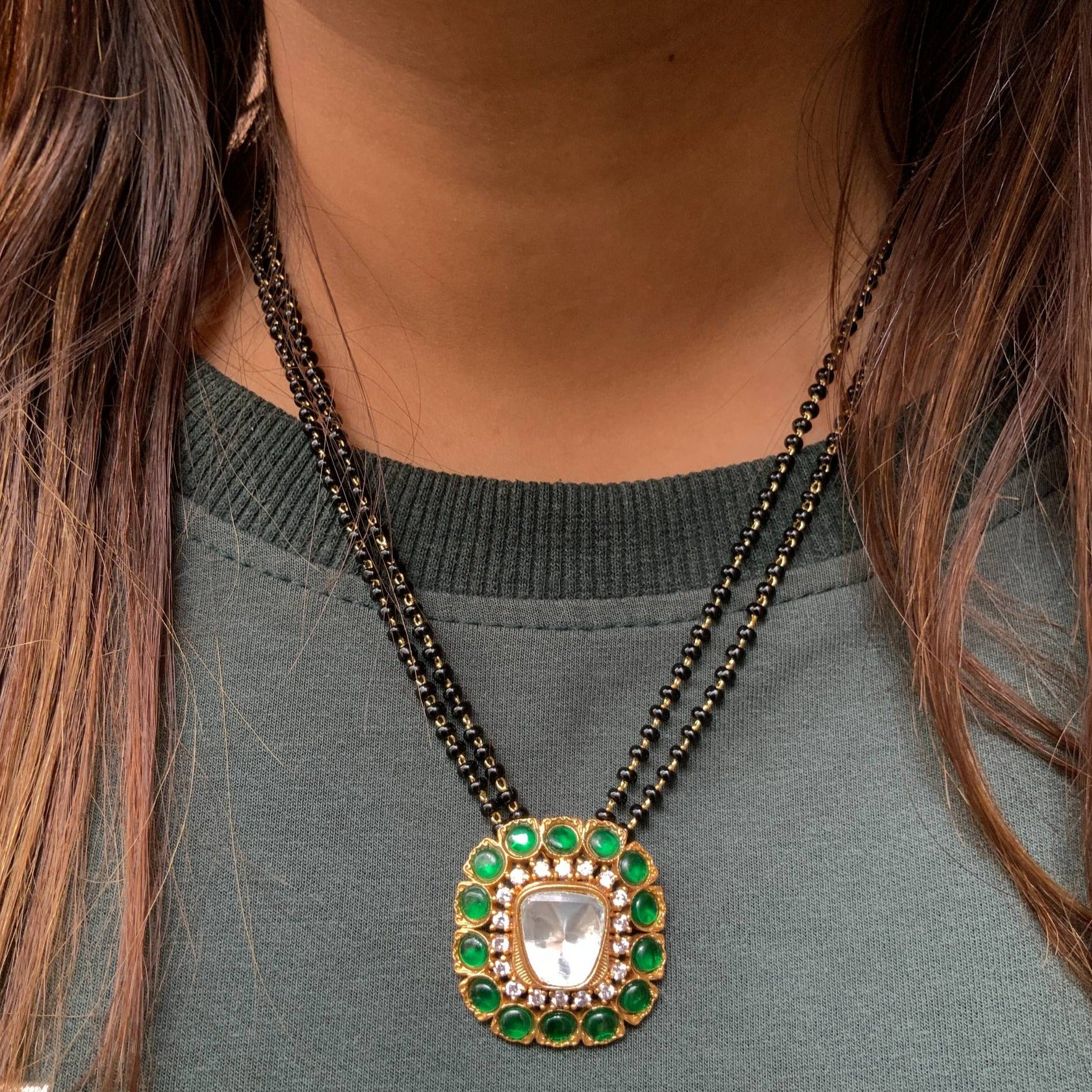 Beautiful Real Kemp Stone Pendant Mangalsutra - Abdesignsjewellery