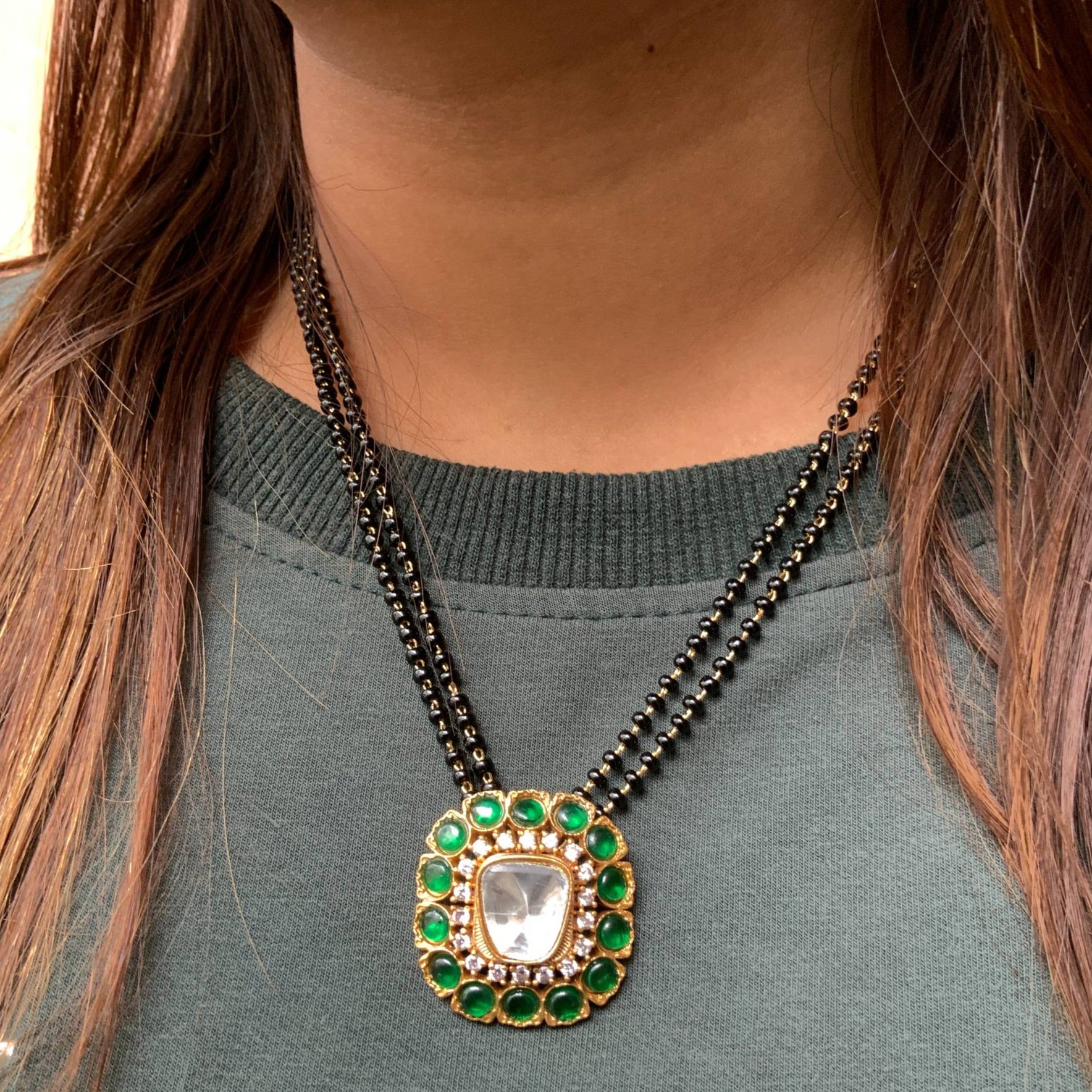 Beautiful Real Kemp Stone Pendant Mangalsutra - Abdesignsjewellery