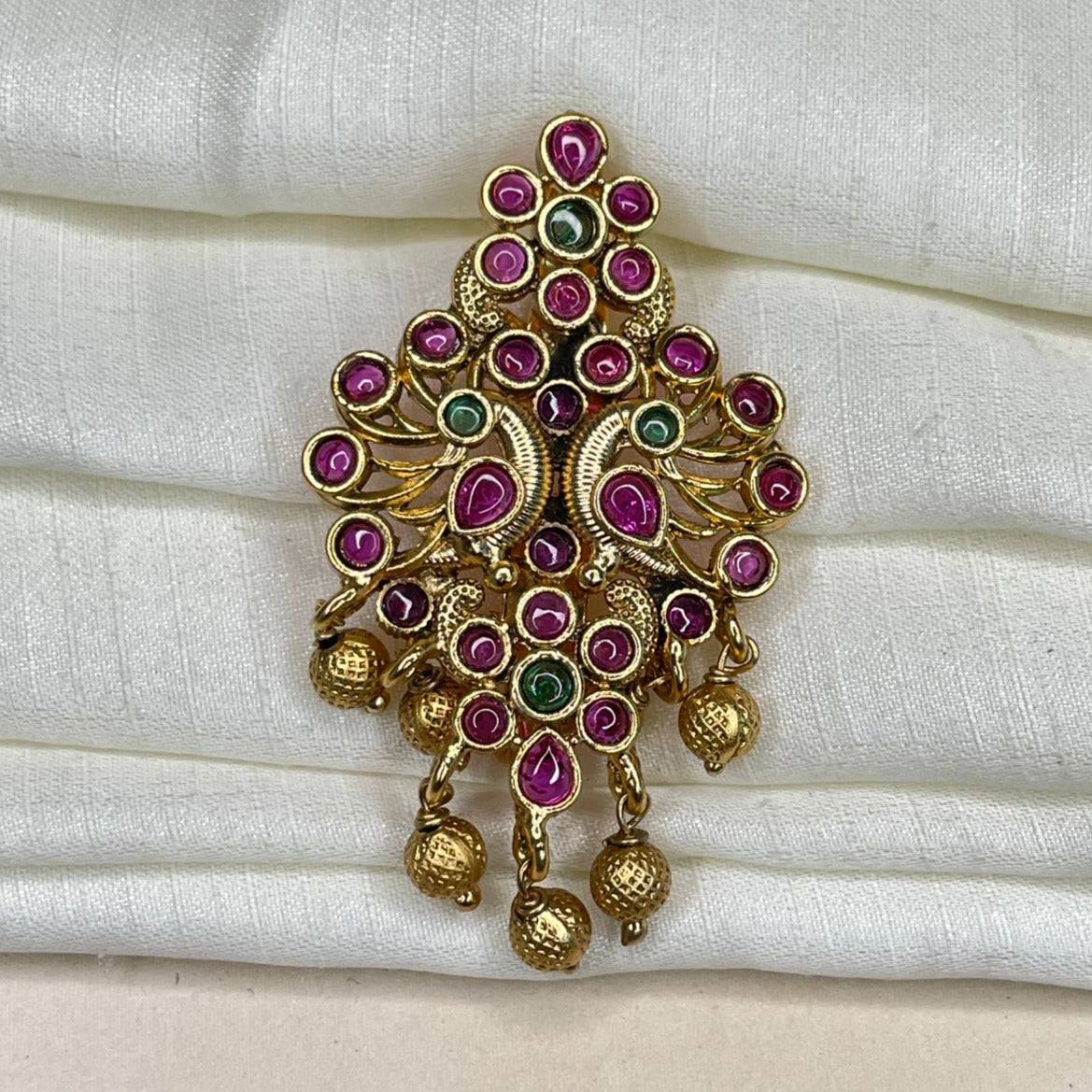 Antique Double Peacock Style Kemp Stone Saree Pin - Abdesignsjewellery