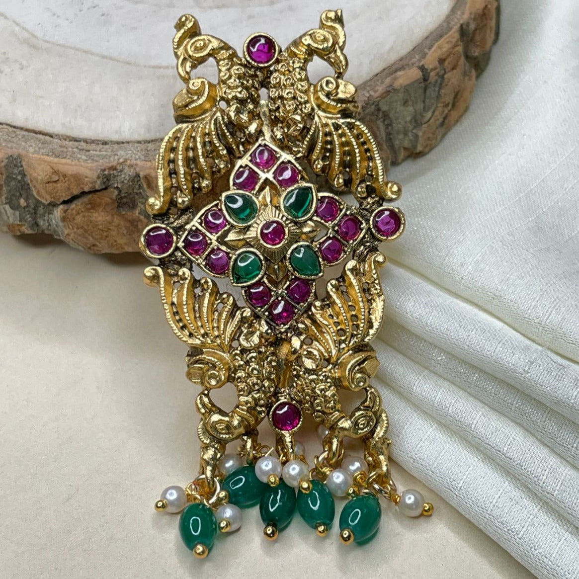 High Quality Antique Peacock Style Kemp Stone Saree Pin
