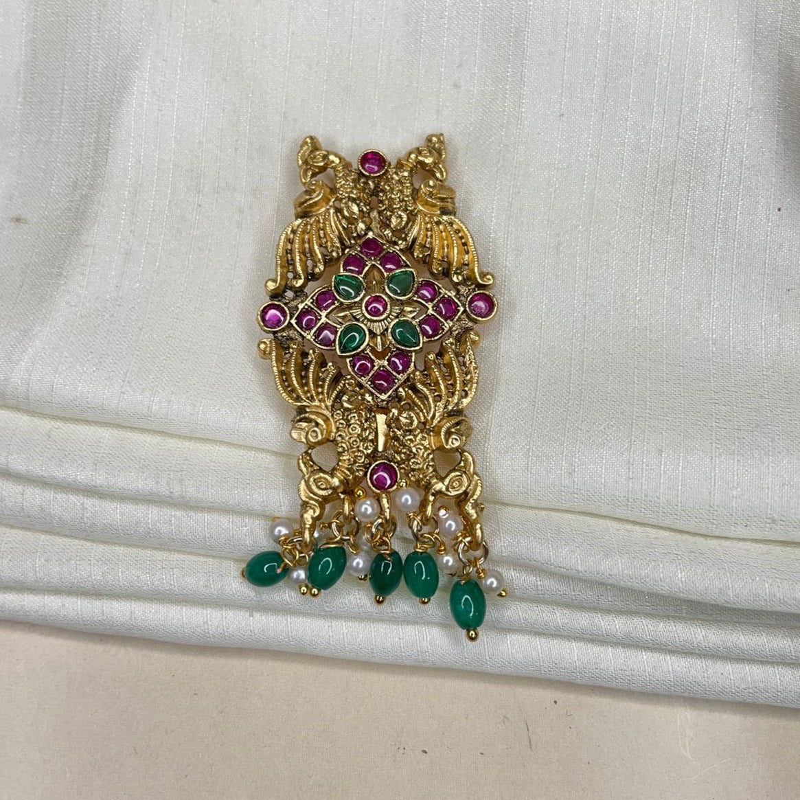 High Quality Antique Peacock Style Kemp Stone Saree Pin