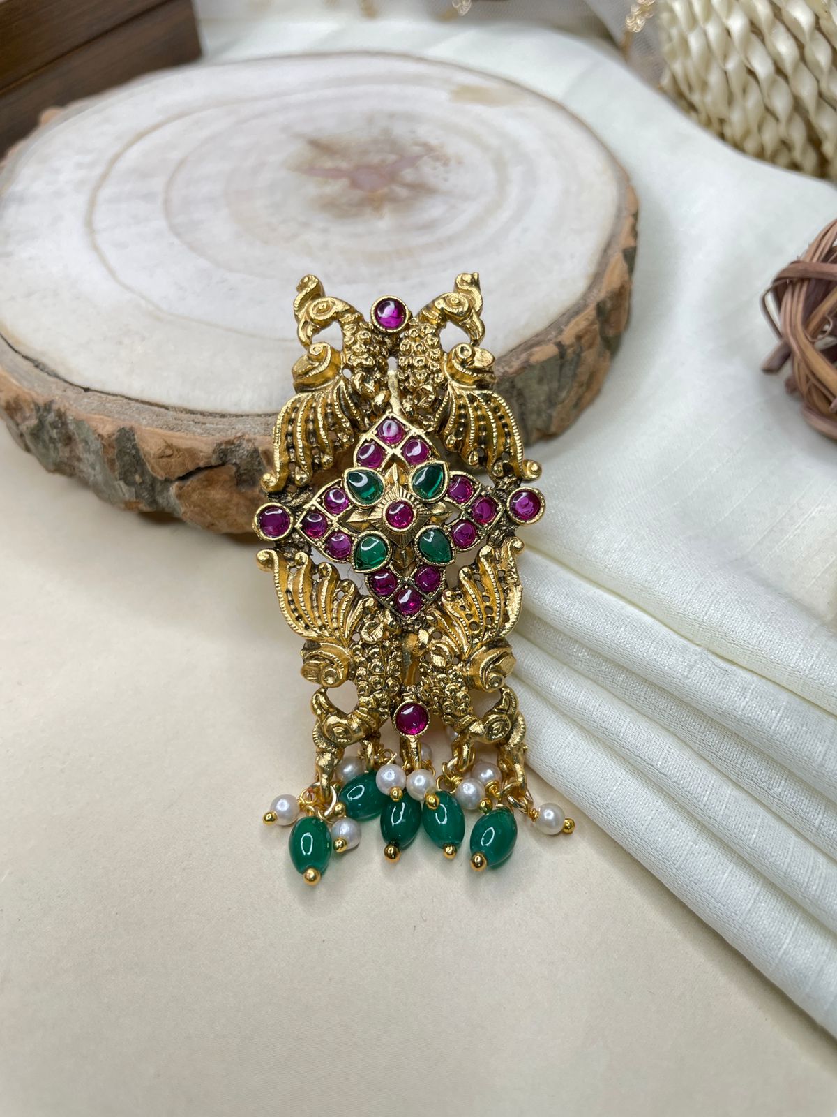 High Quality Antique Peacock Style Kemp Stone Saree Pin